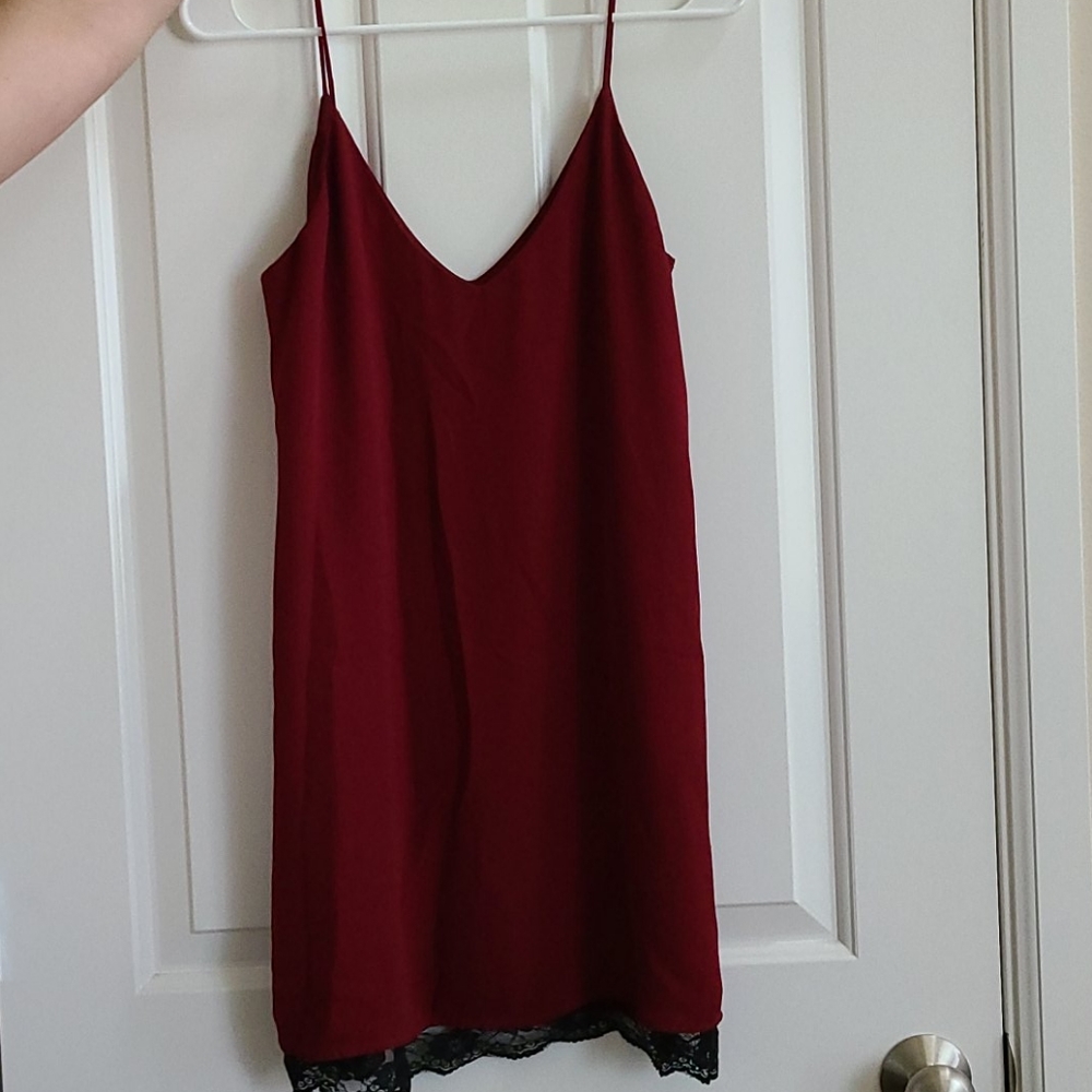 Red chiffon flowy dress w/ black lace detail